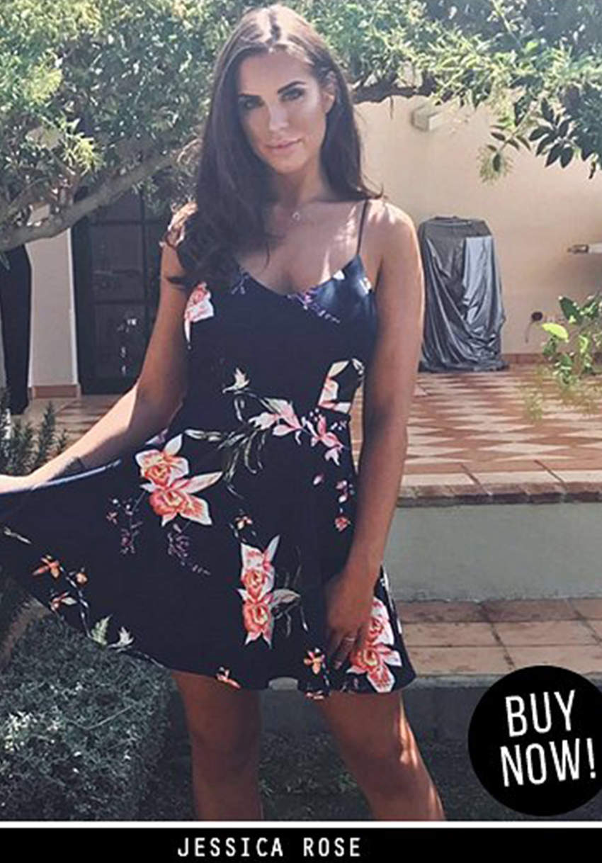Kikodress - Navy Floral V-Neck Strappy Skater Dress