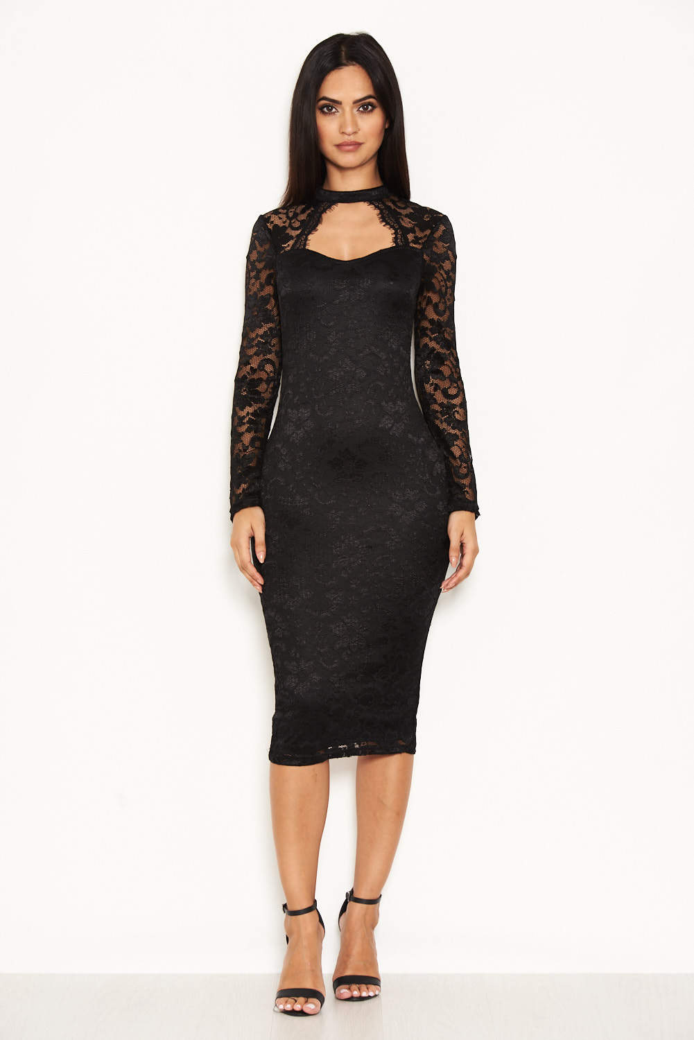 Kikodress - Black Lace Midi Dress With Long Sleeves
