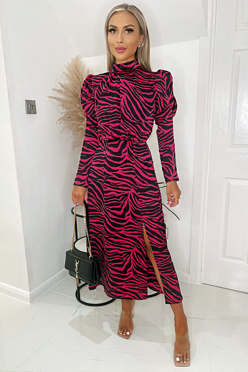 Kikodress - Pink Zebra Print Long Puff Sleeve Midi Dress