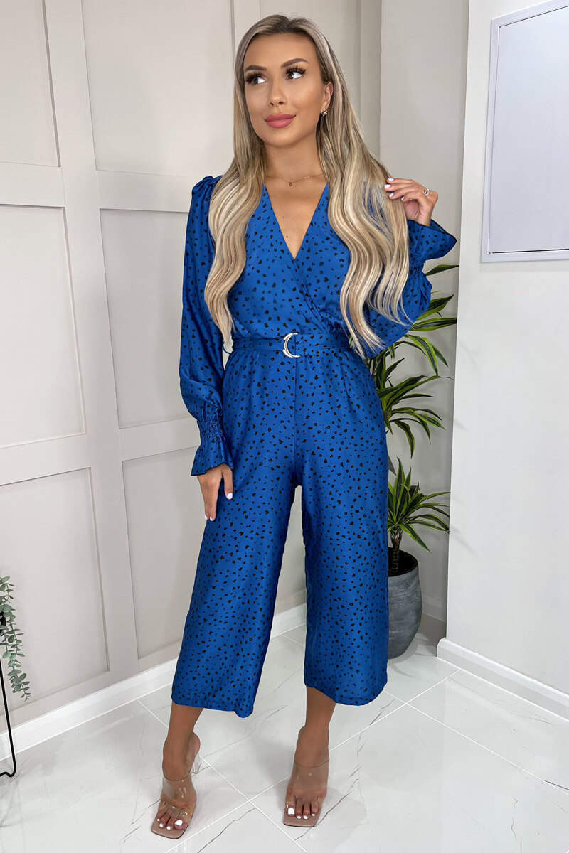 Kikodress - Blue And Black Printed Wrap Over Belted Jumpsuit