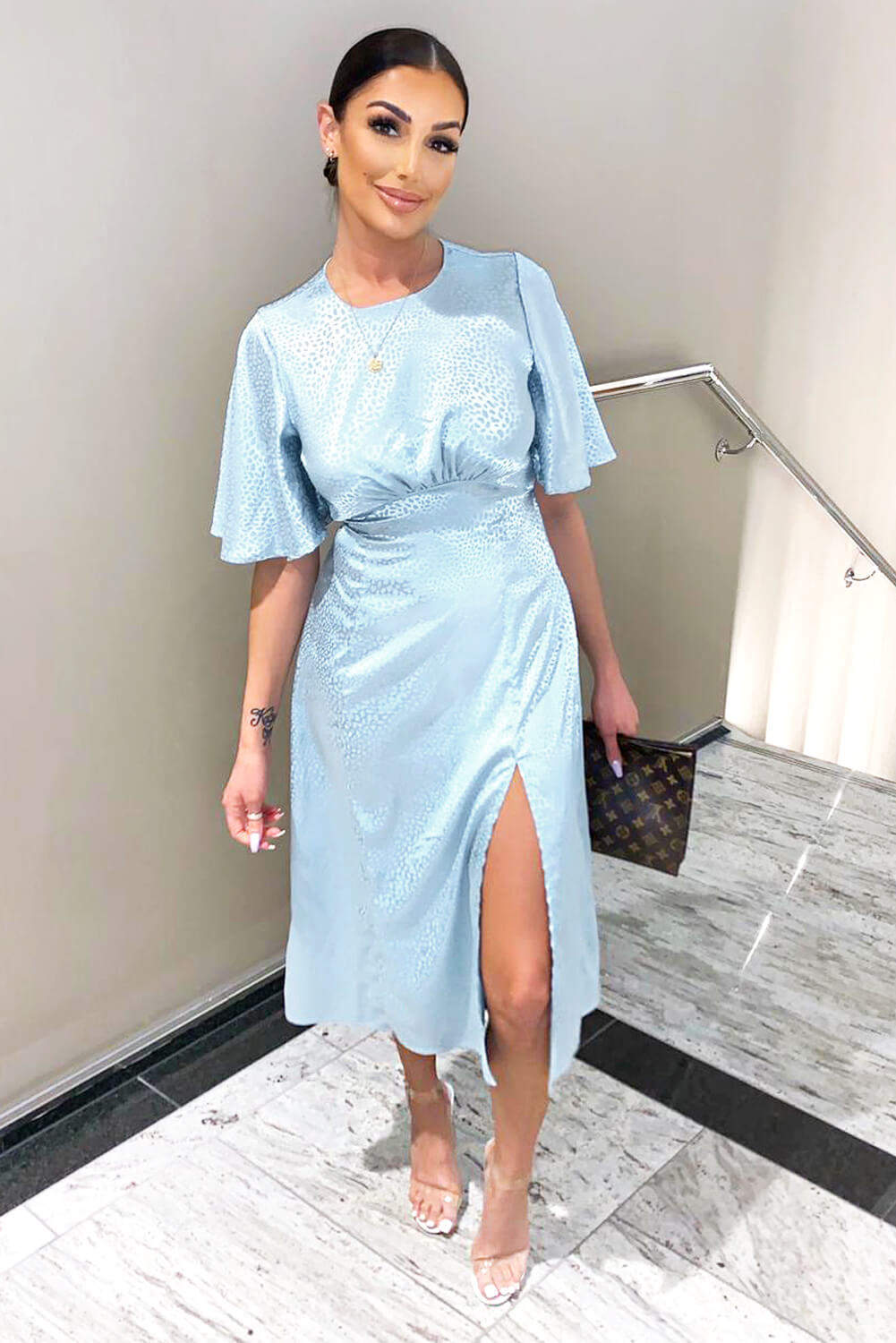 Kikodress - Blue Printed Satin Midi Dress