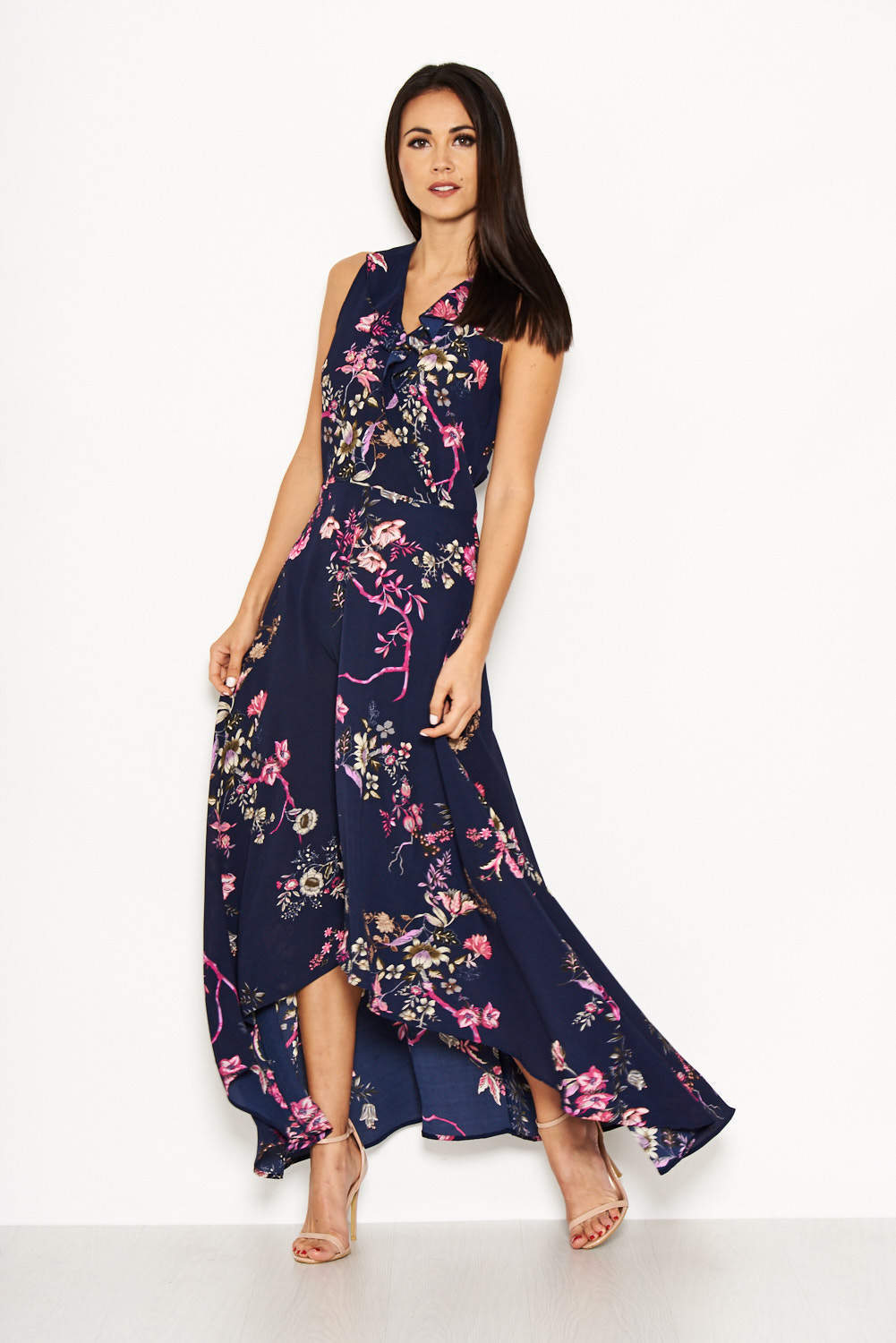 Kikodress - Navy Floral Dip Hem Dress