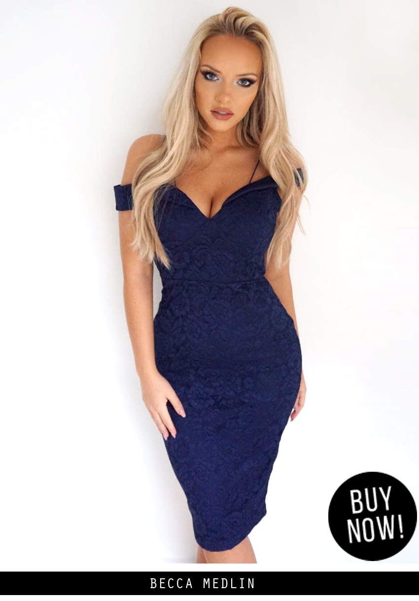 Kikodress - Navy Off The Shoulder Strappy Lace Midi Dress