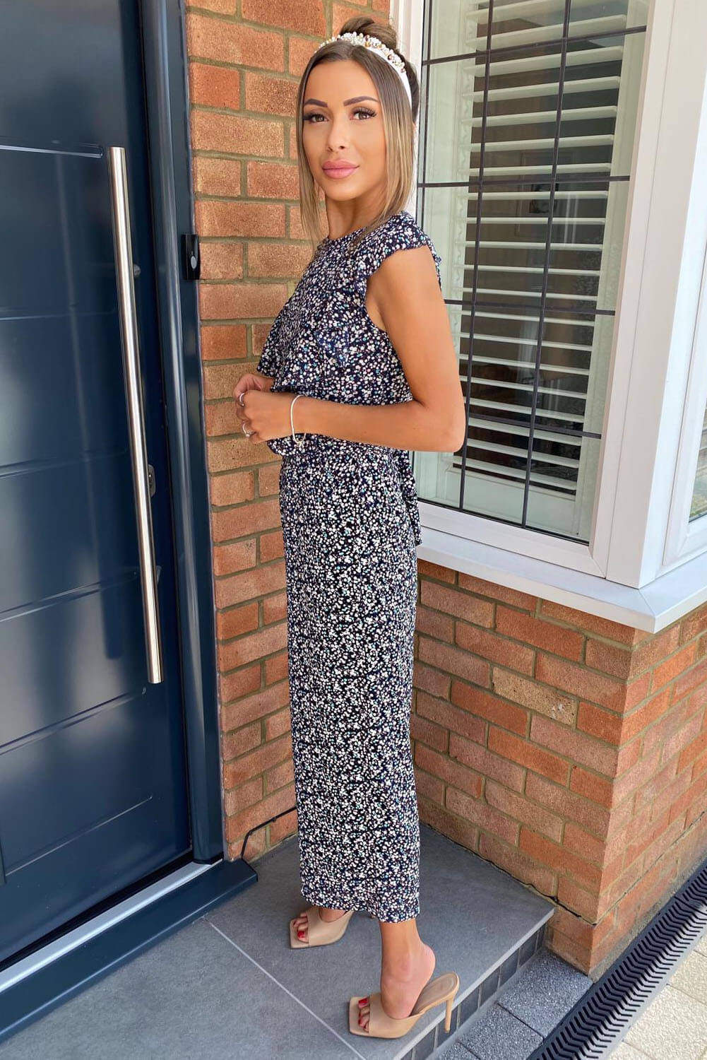 Kikodress - Navy Floral Frill Front Jumpsuit