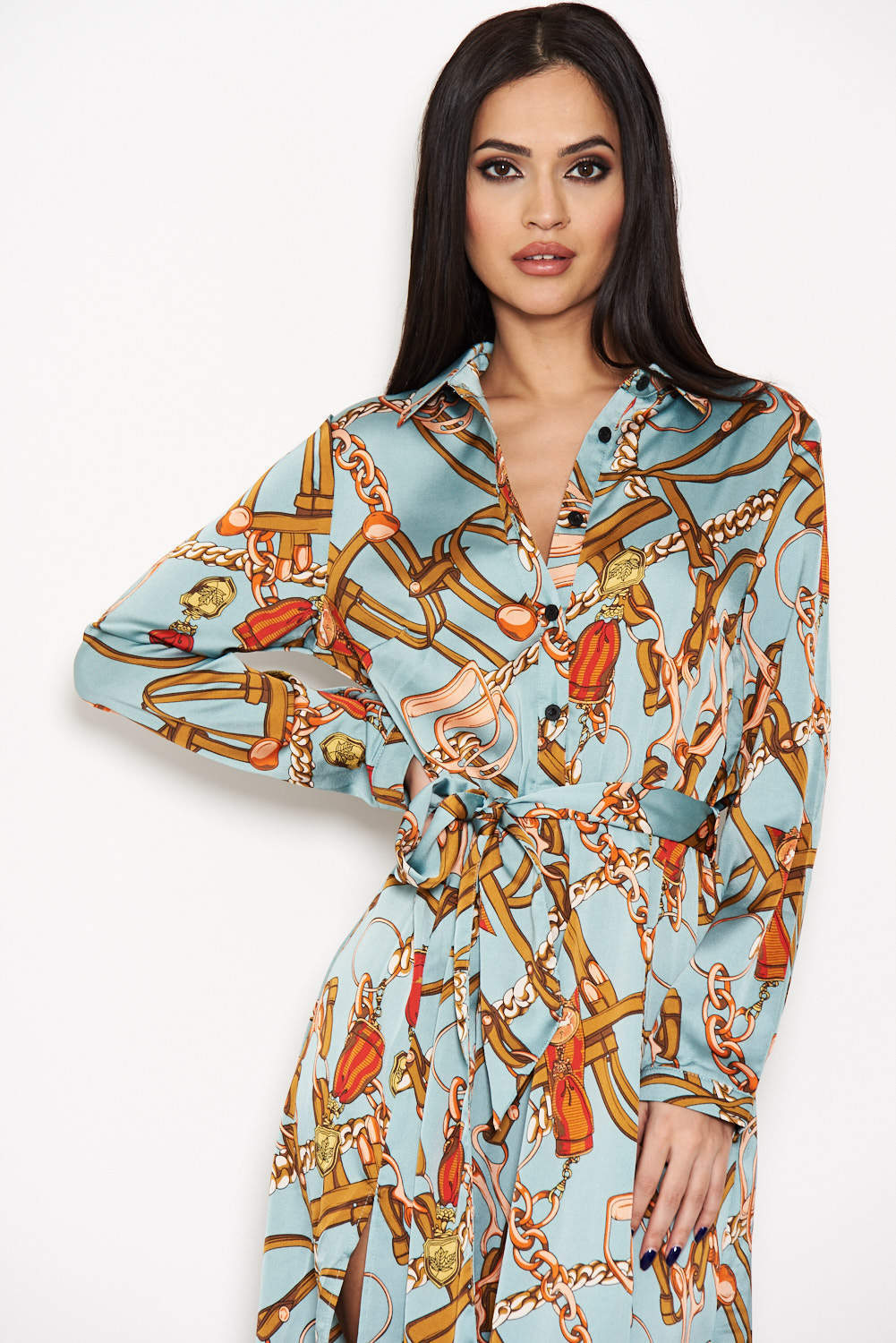 Kikodress - Duck Egg Printed Long Sleeve Shirt Dress