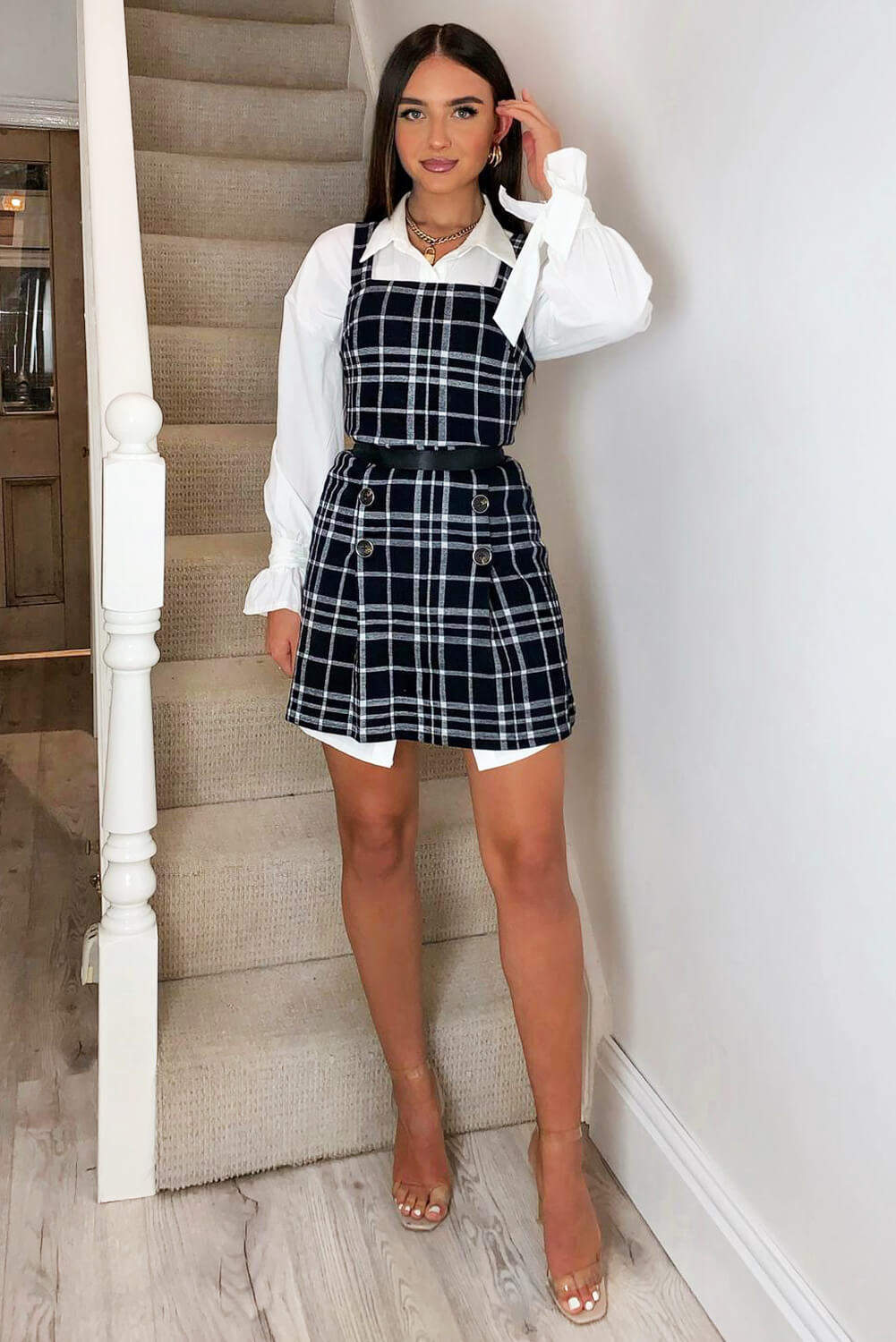 Kikodress - Black Check Button Front Detail Skater Dress