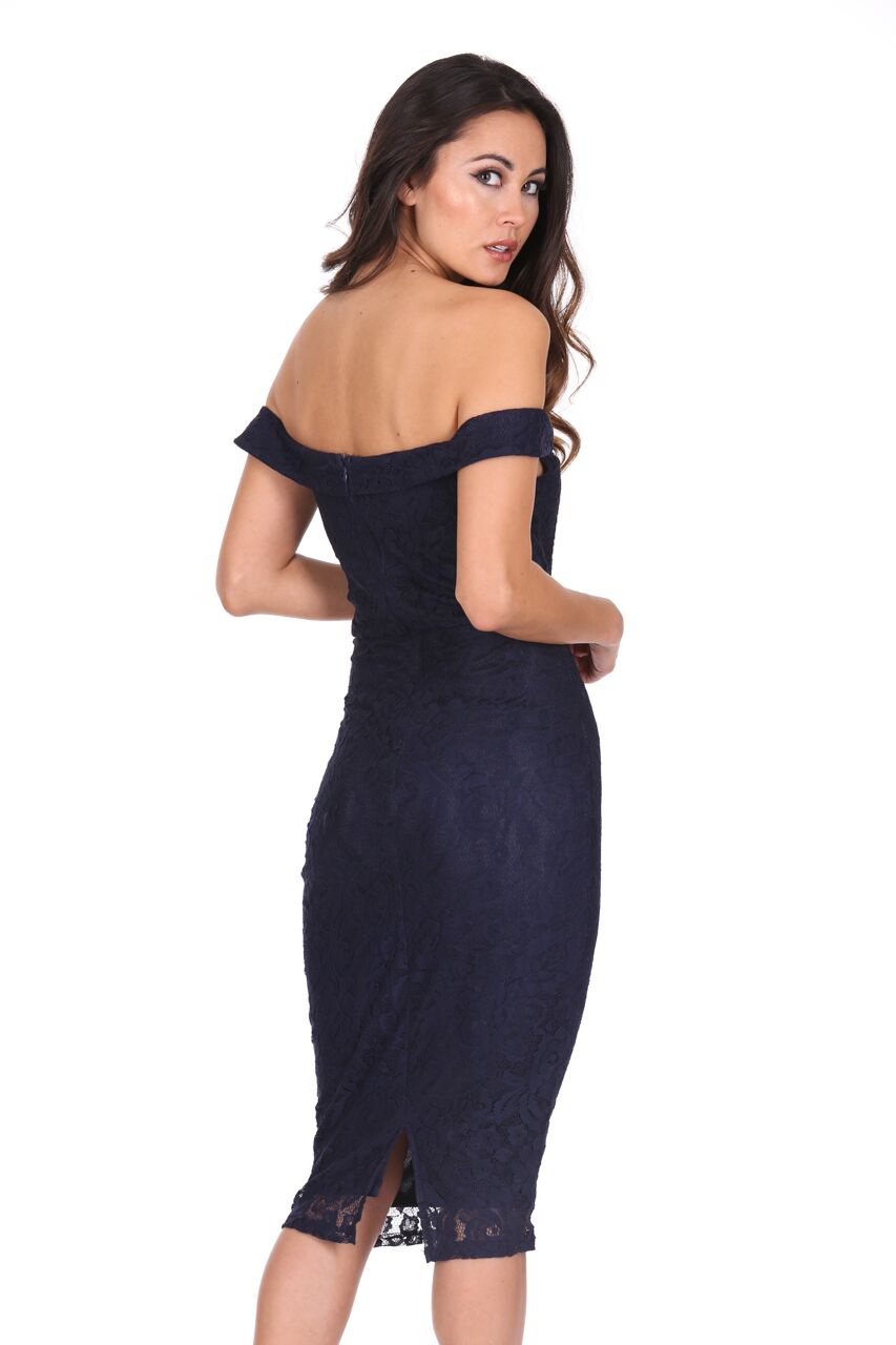 Kikodress - Navy Lace Bardot Midi Dress