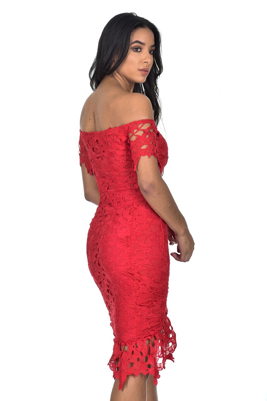 Kikodress - Red Crochet Bardot Frill Wrap Dress