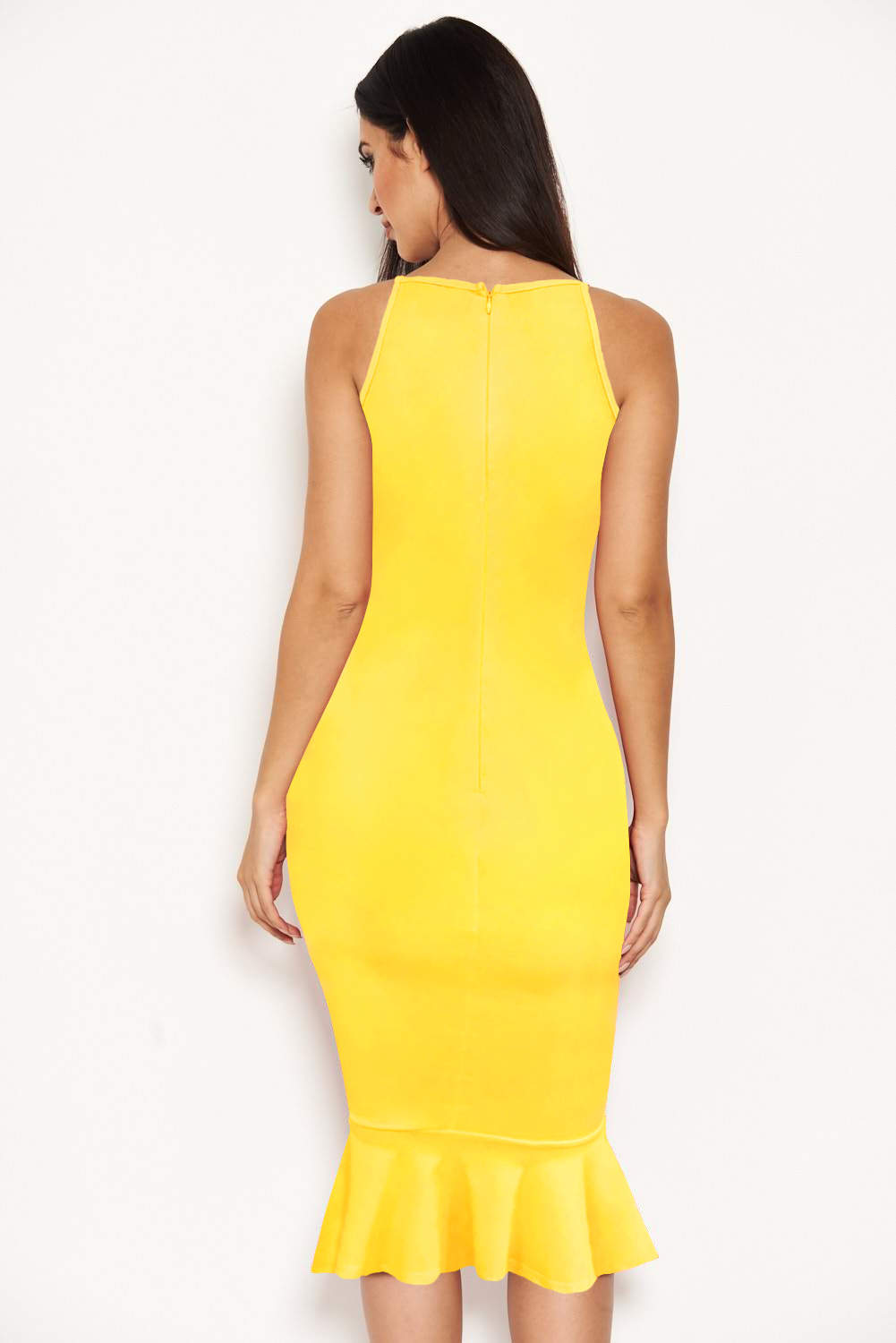 Kikodress - Yellow Bodycon Midi Dress With Frill Hem