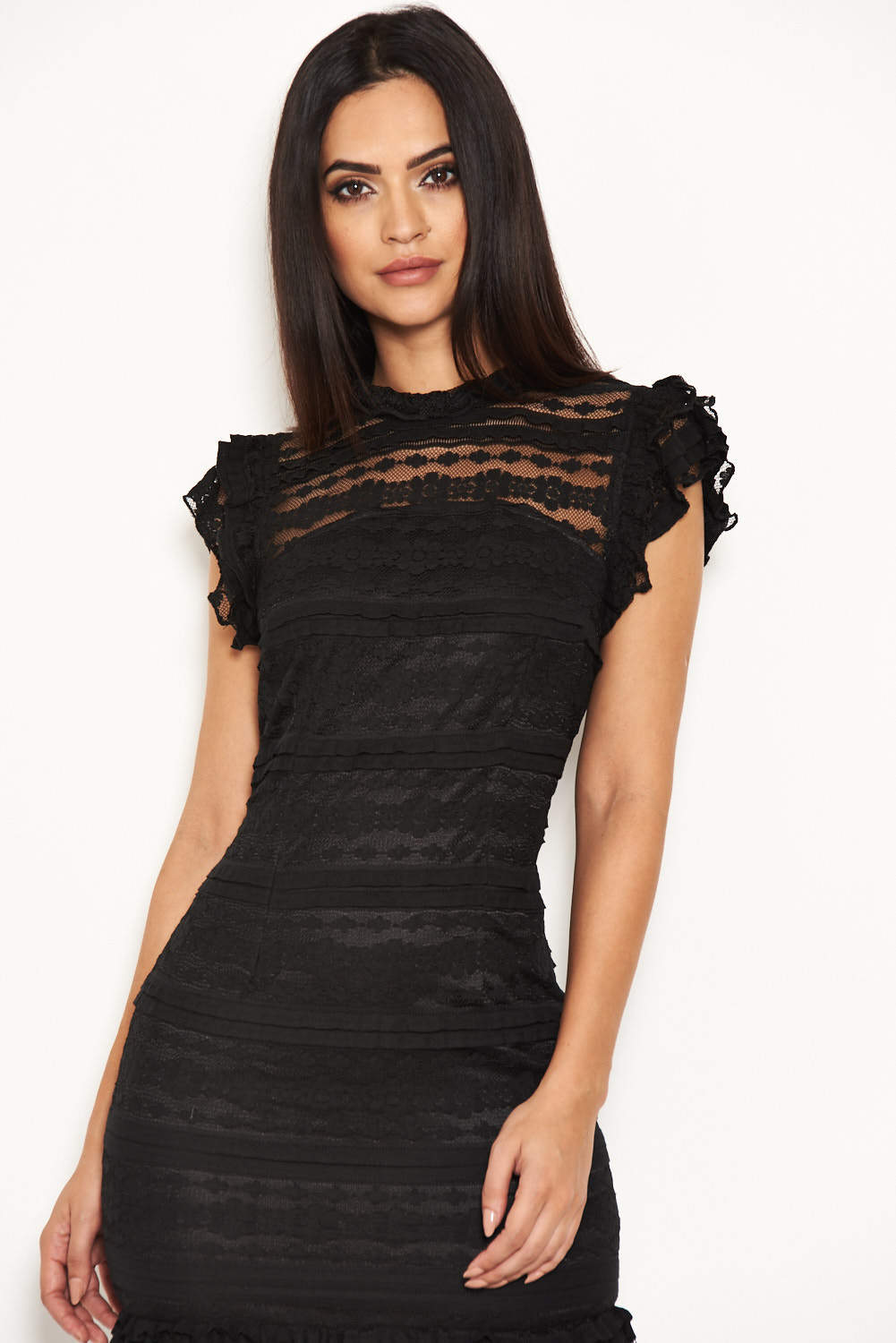 Kikodress - Black High Neck Lace Frill Dress