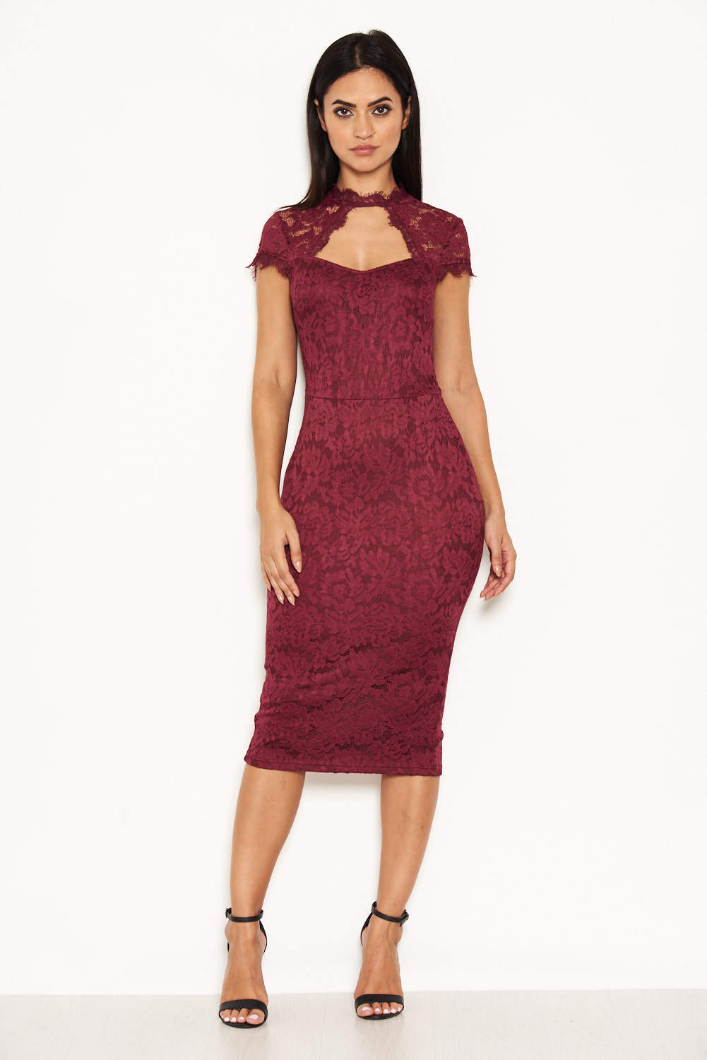 Kikodress - Plum Lace Open Back Bodycon Midi Dress