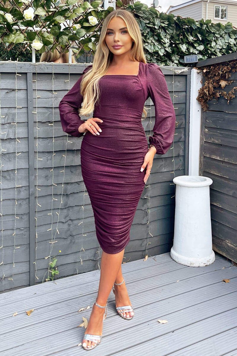 Kikodress - Plum Square Neck Long Sleeve Ruched Shimmer Midi Dress