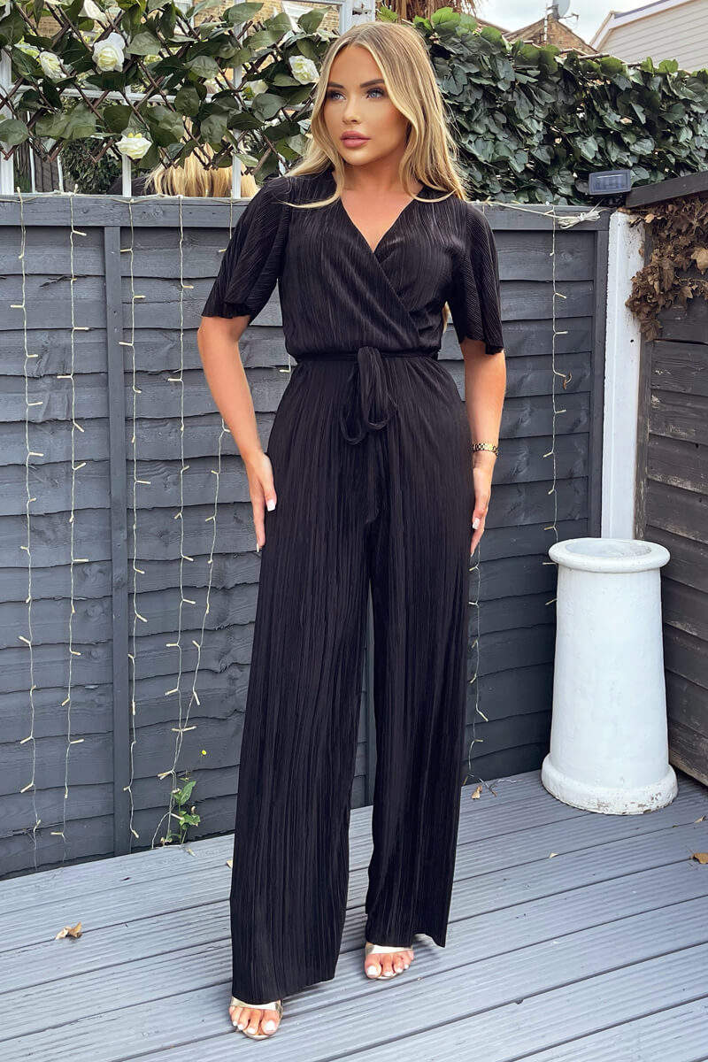 Kikodress - Black Plisse Wrap Top Jumpsuit