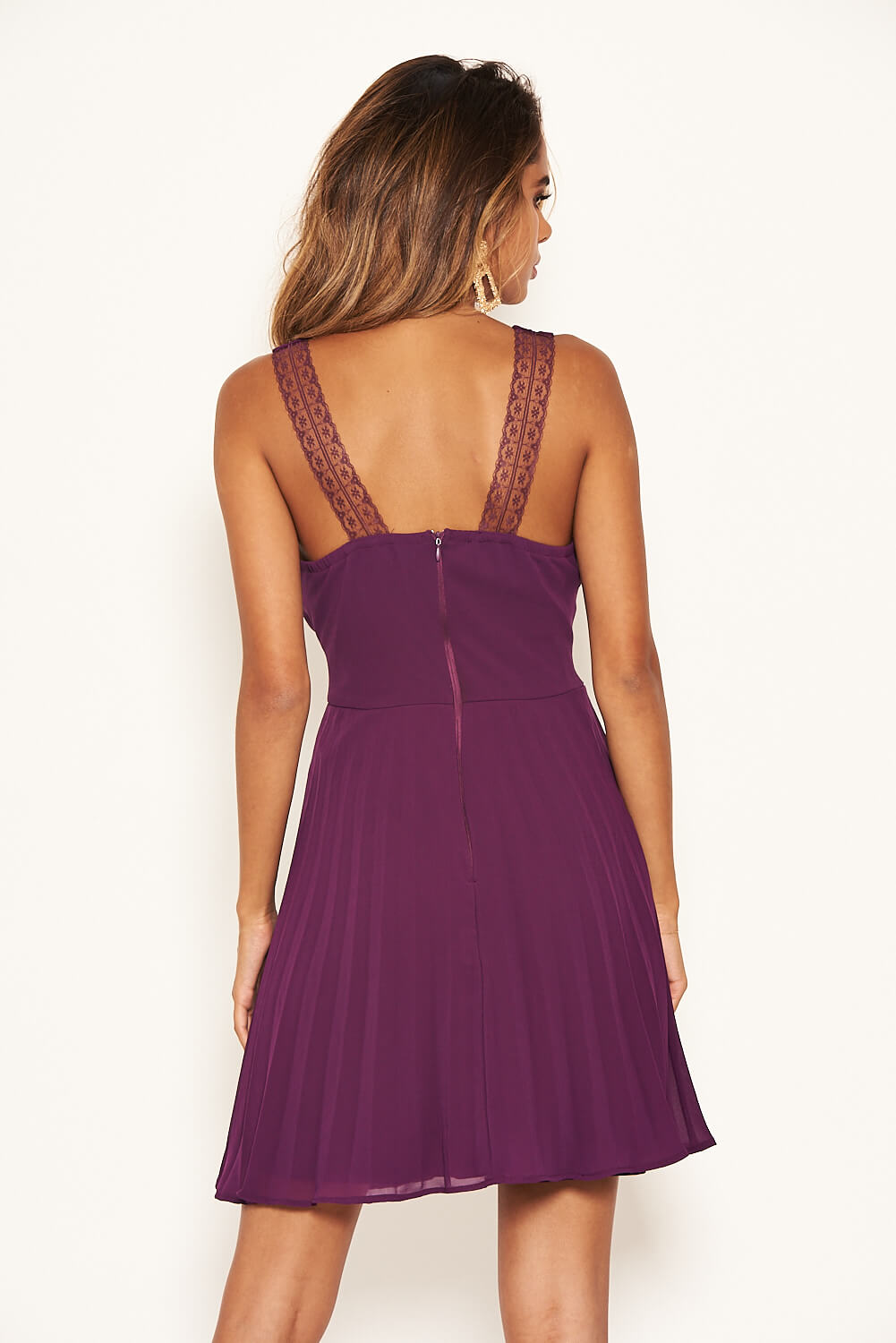 Kikodress - Plum V Neck Pleated Mini Dress