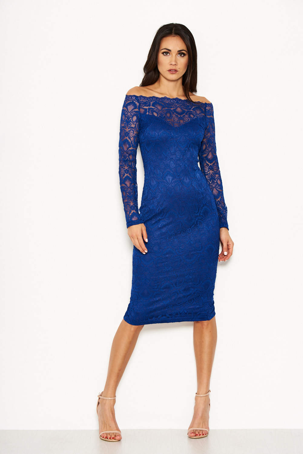Kikodress - Blue Lace Long Sleeved Midi Dress