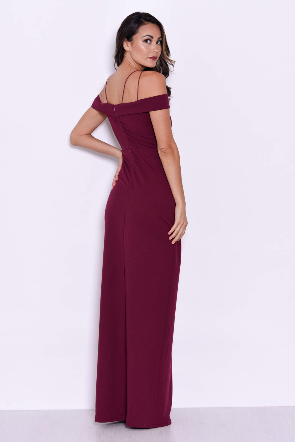 Kikodress - Plum Strappy Off The Shoulder Side Split Maxi Dress