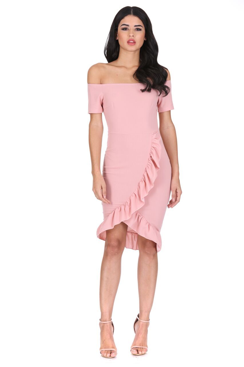 Kikodress - Blush Off The Shoulder Frill Detail Bodycon Dress