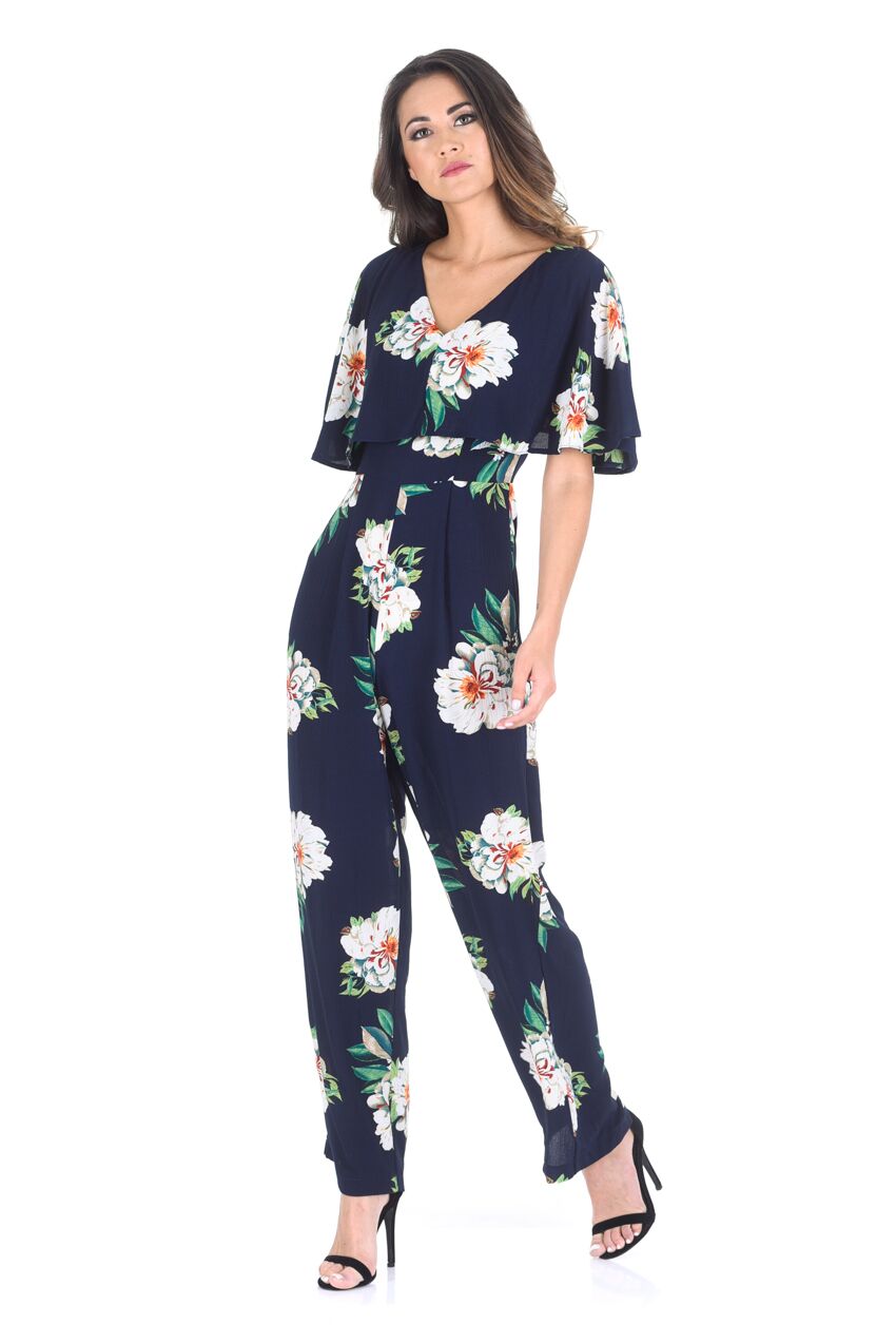 Kikodress - Navy Floral Culotte Jumpsuit With Cape Detail