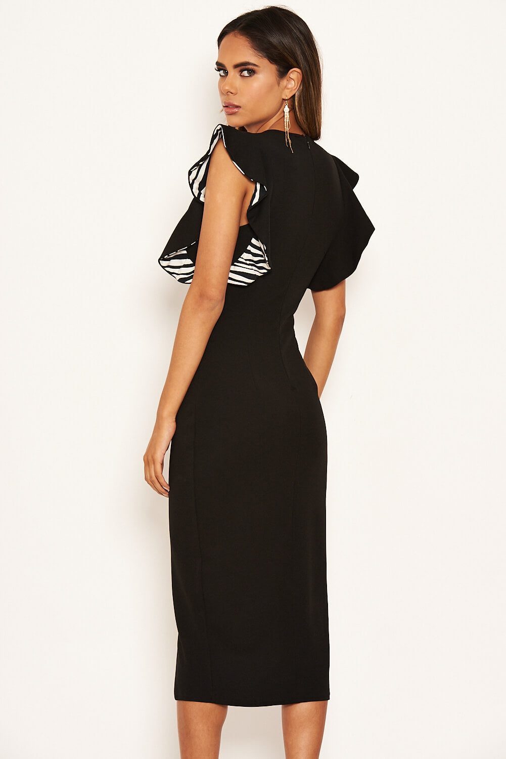 Kikodress - Black Zebra Frill Sleeve Midi Dress