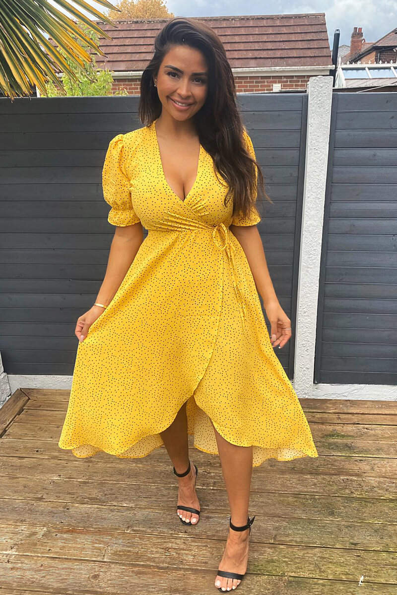 Kikodress - Yellow Polka Dot Wrap Midi Dress