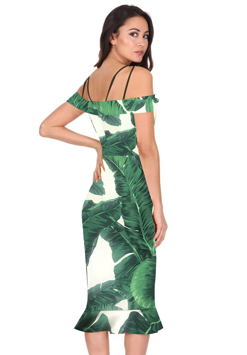 Kikodress - Green Leaf Print Midi Dress With Off The Shoulder Strappy Detail