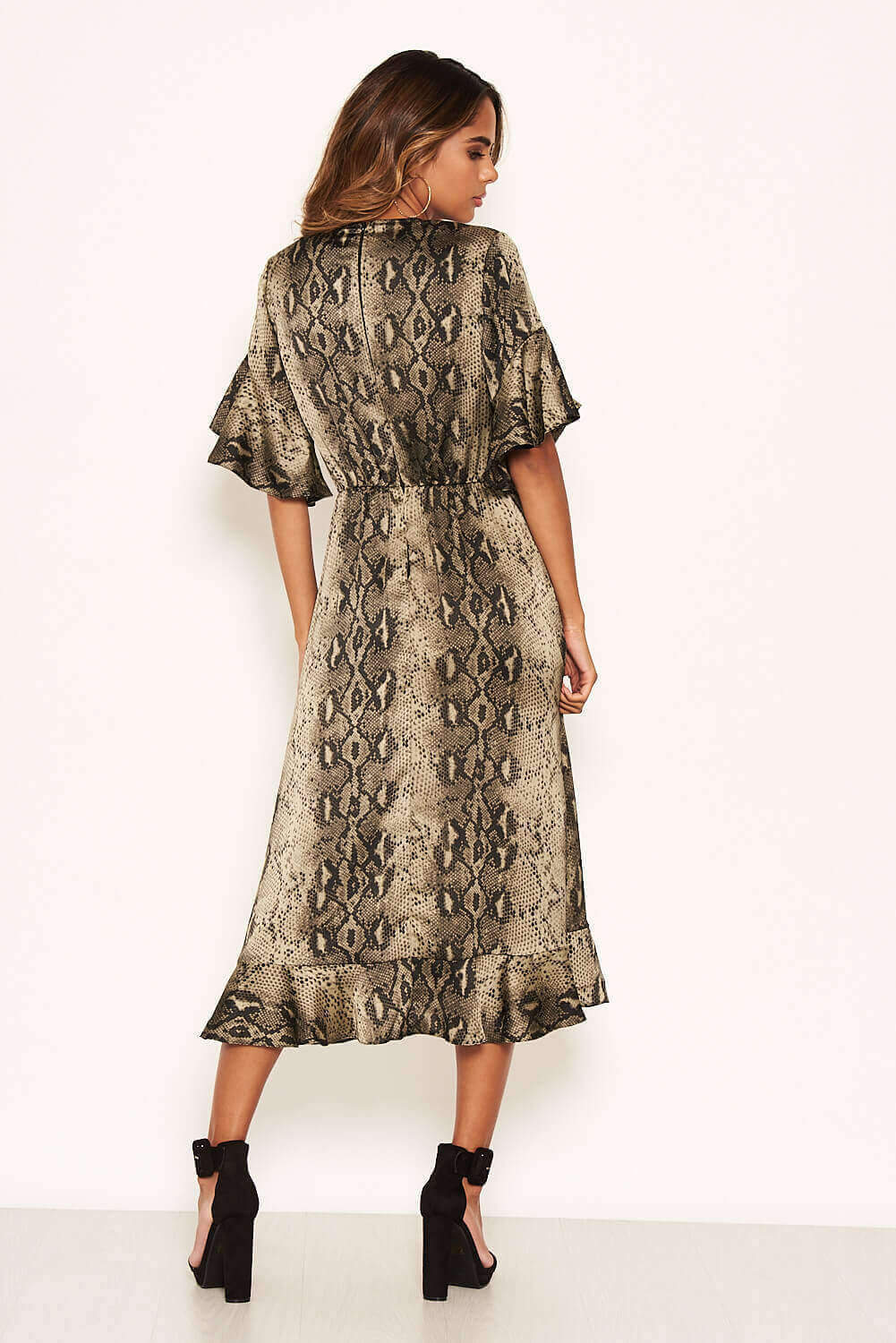 Kikodress - Snake Print Frill Wrap Midi Dress