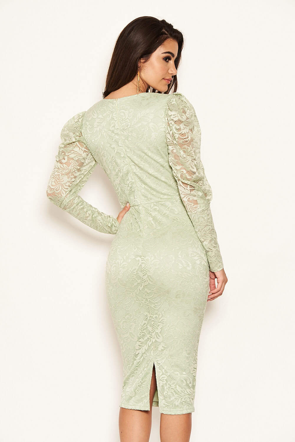 Kikodress - Sage Lace Puff Sleeve Midi Dress