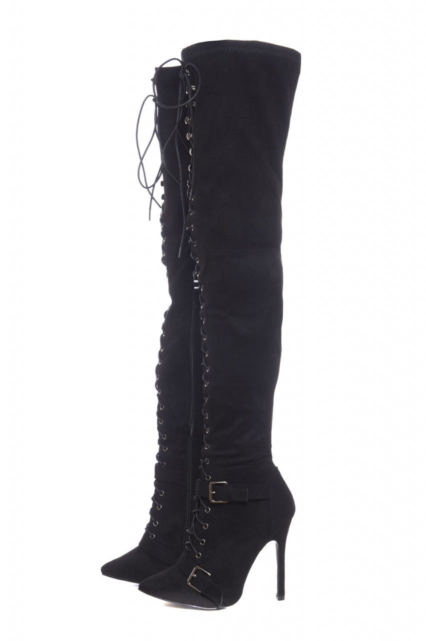 Kikodress - Lace Up Buckled Knee High Boots