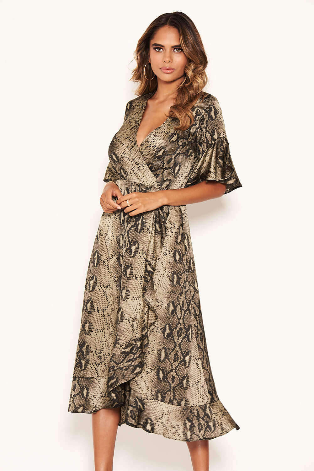 Kikodress - Snake Print Frill Wrap Midi Dress