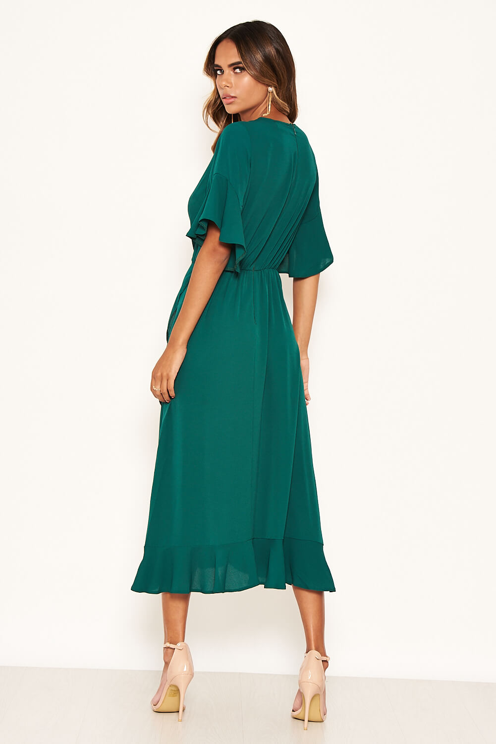 Kikodress - Teal Midi Dress With Frill Hem And Sleeves