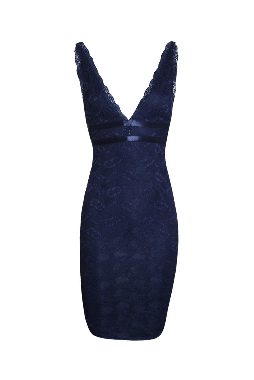 Kikodress - Navy Lace V Neckline Bodycon Dress