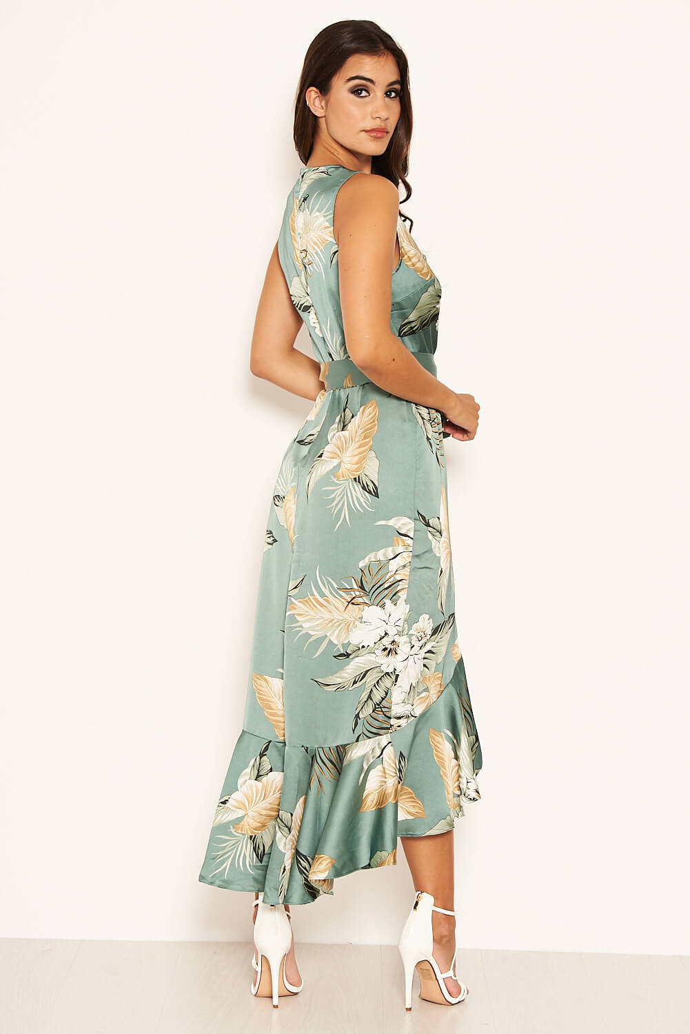 Kikodress - Duck Egg Floral Satin Wrap Frill Dress