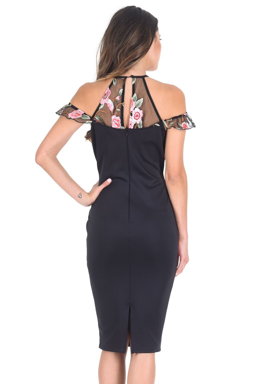Kikodress - Embroidered Midi Dress with Frill Detail