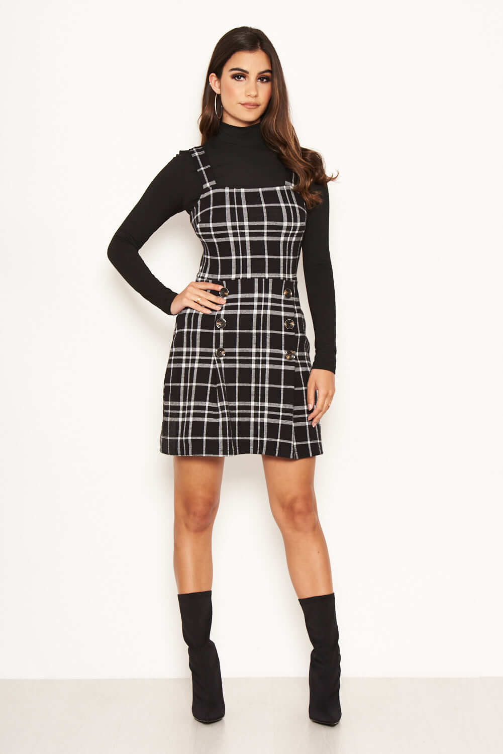Kikodress - Black Check Button Front Detail Skater Dress