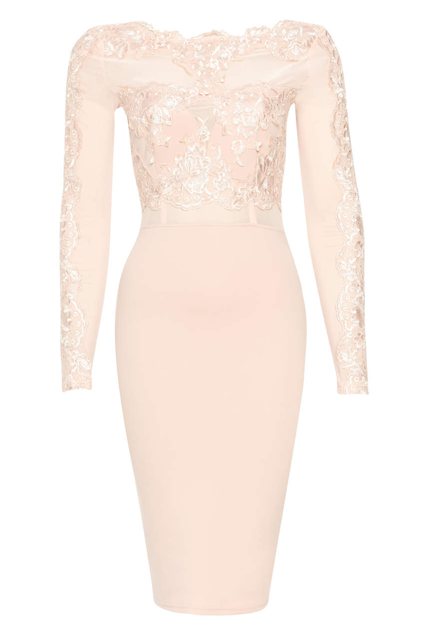Kikodress - Blush Lace Detail Long Sleeved Bodycon Dress