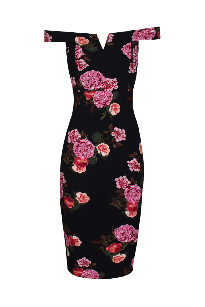 Kikodress - Black Notch Front Off The Shoulder Floral Midi Dress