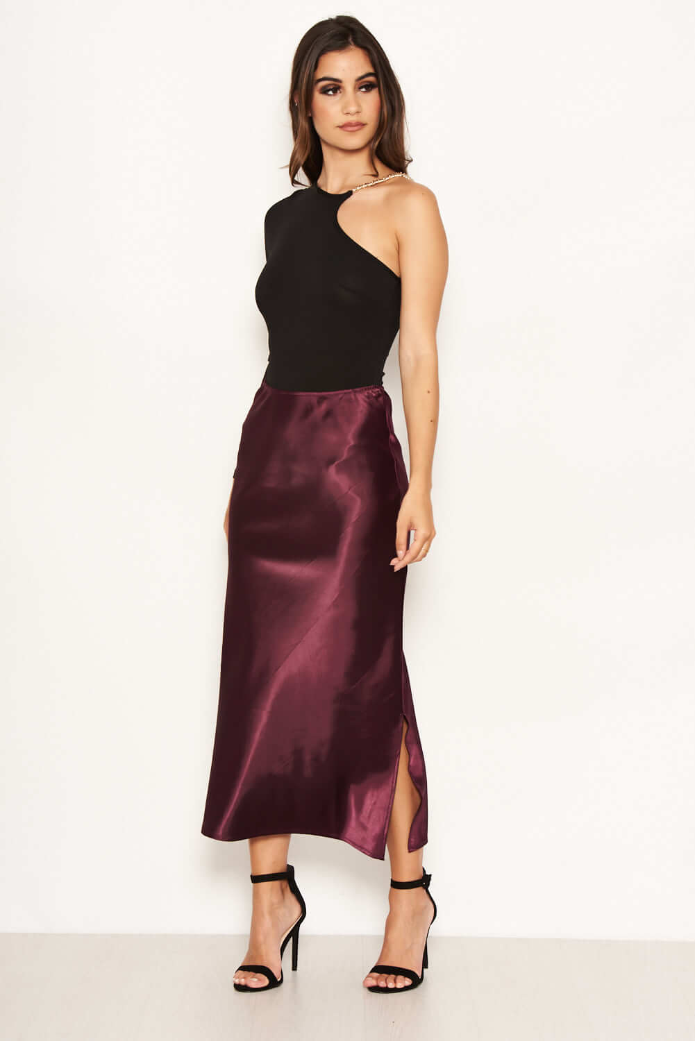 Kikodress - Plum Satin Midi Skirt