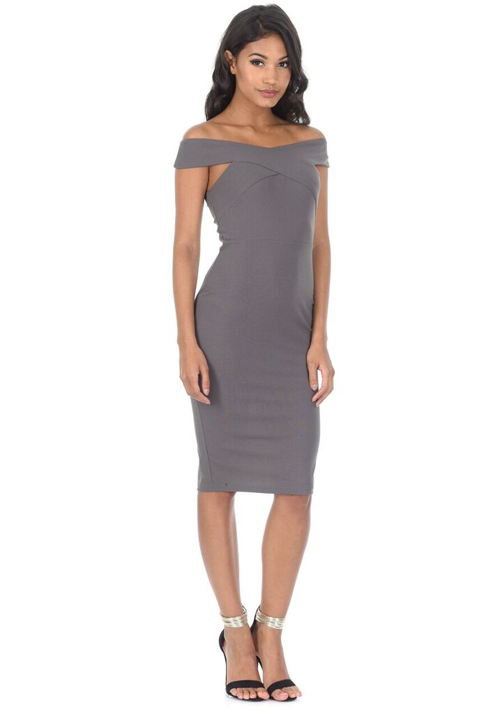 Kikodress - Pewter Cross Over Bardot Bodycon Dress
