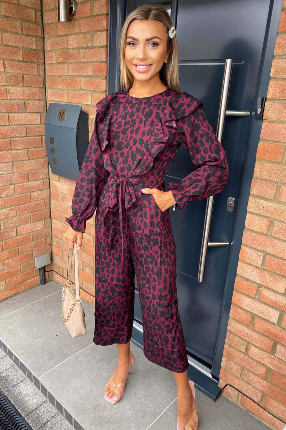Kikodress - Plum Printed Frill Panel Long Sleeve Jumpsuit