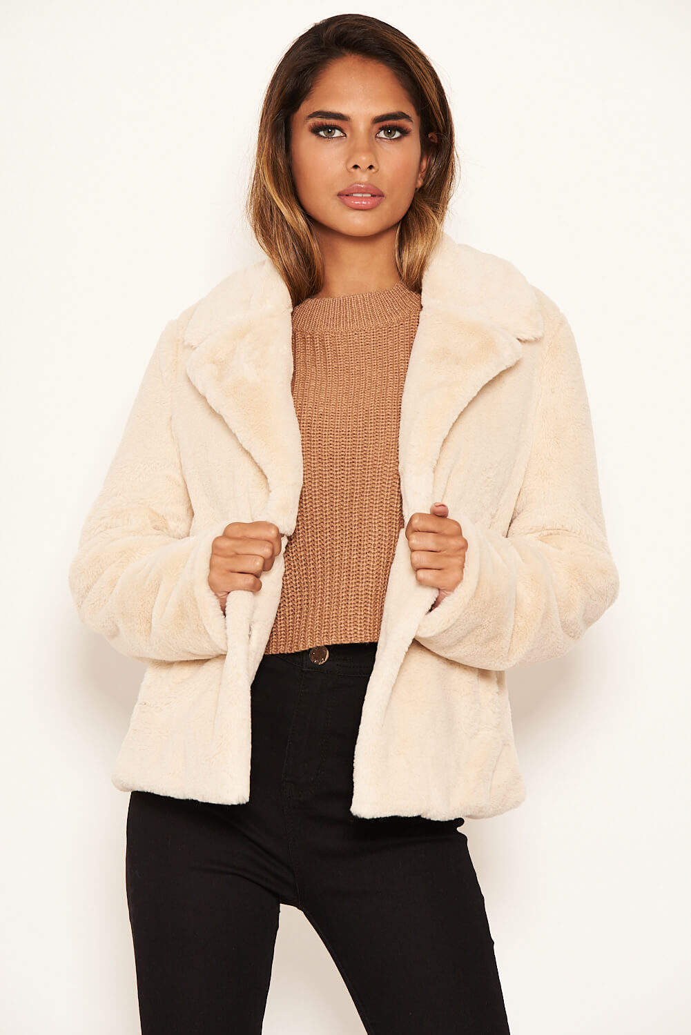 Kikodress - Cream Faux Fur Collared Jacket