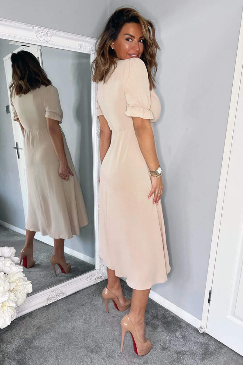 Kikodress - Nude Wrap Side Tie Midi Dress