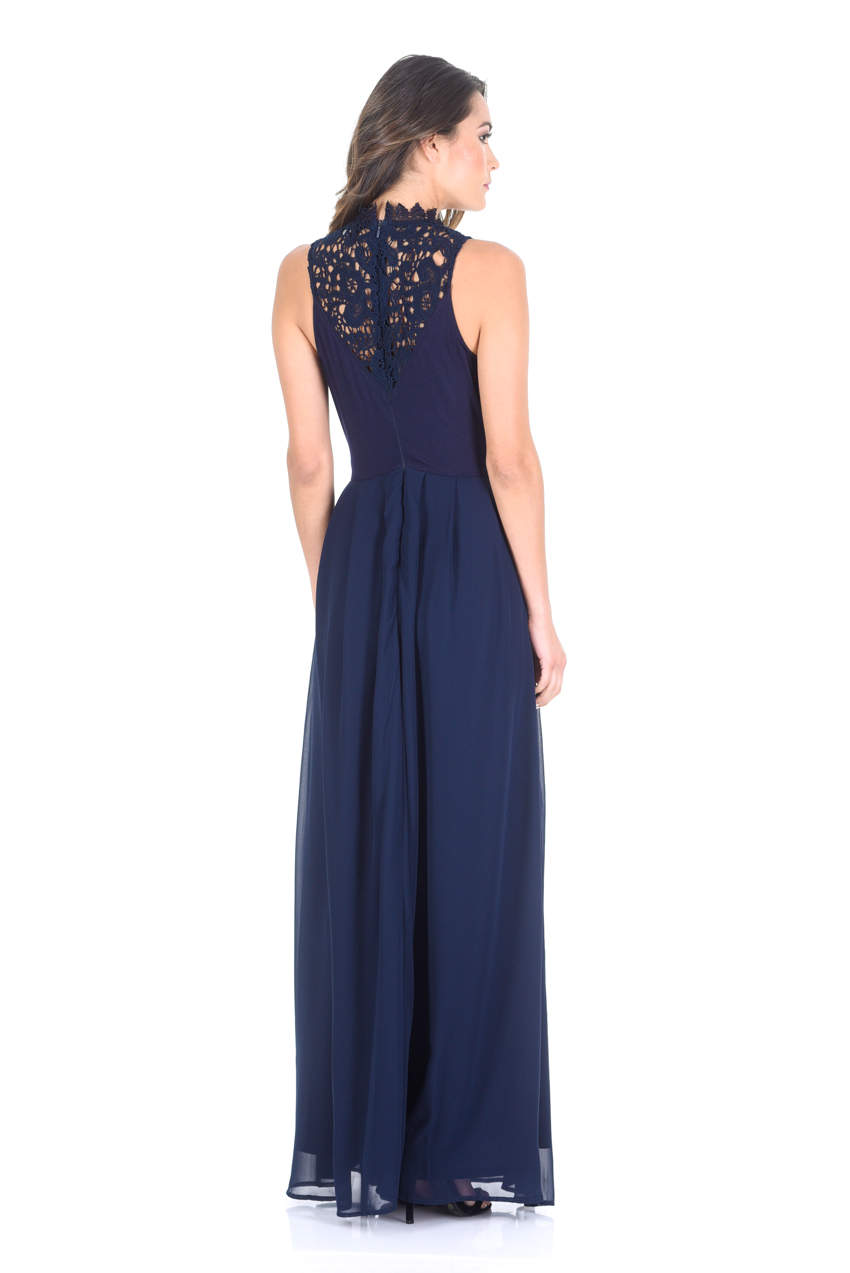 Kikodress - Navy Crochet Top Chiffon Maxi Dress