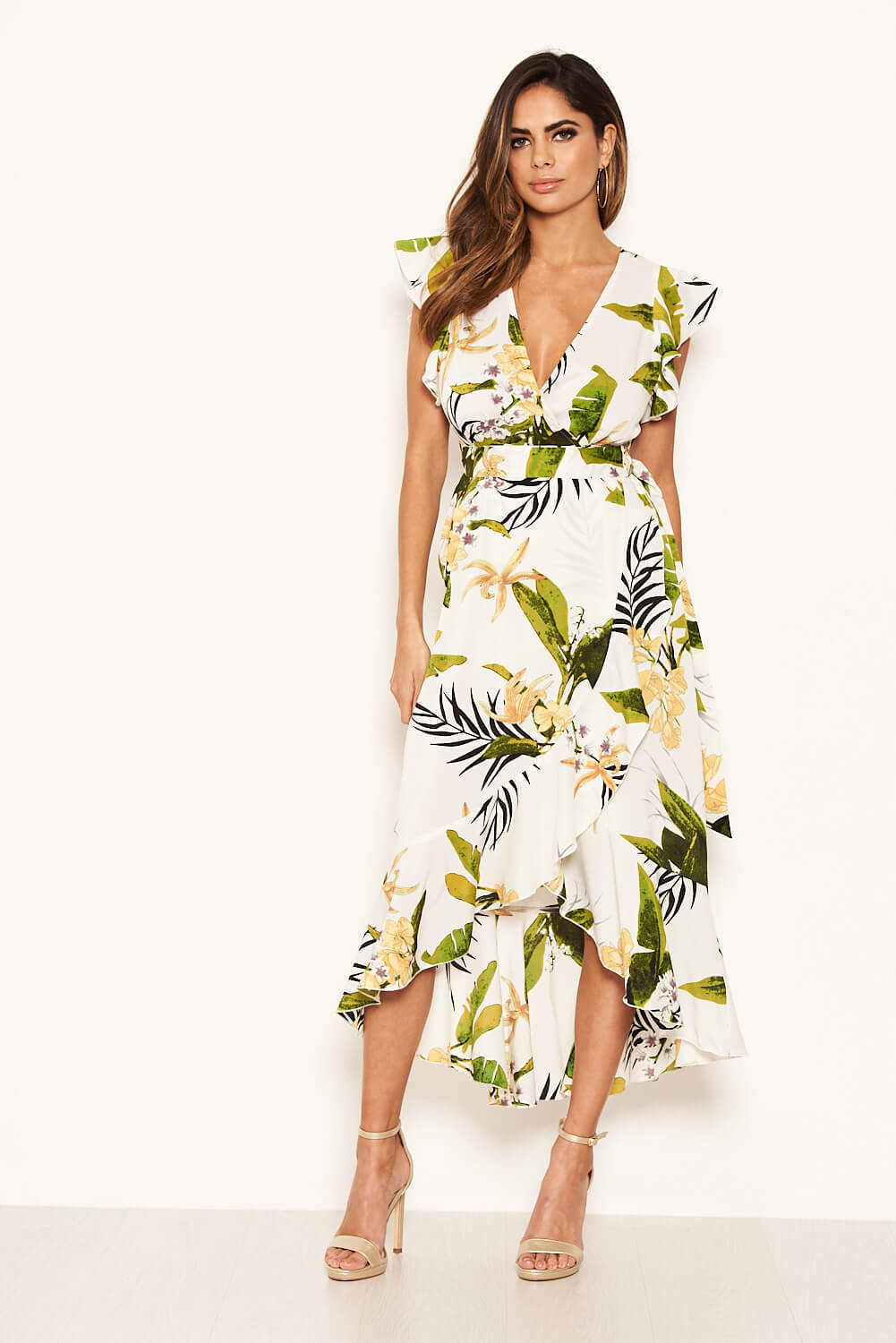Kikodress - Cream Tropical Print Frill Wrap Dress With D Ring Belt