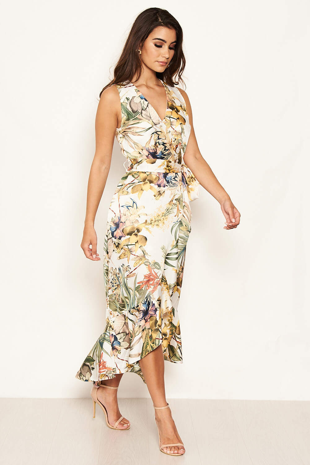 Kikodress - Cream Floral Sleeveless Maxi Dress with Belt