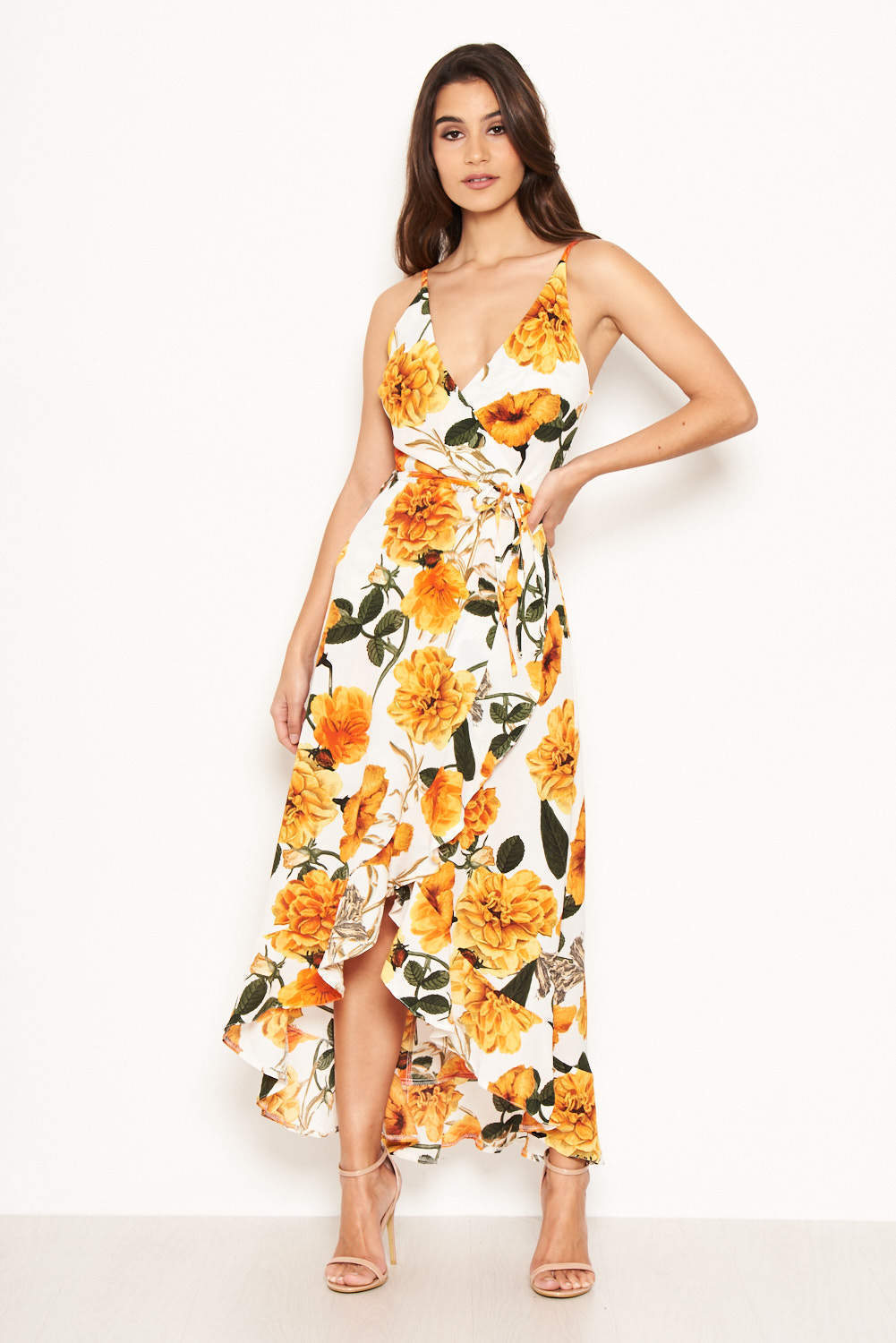 Kikodress - Orange Floral Strappy Maxi Dress