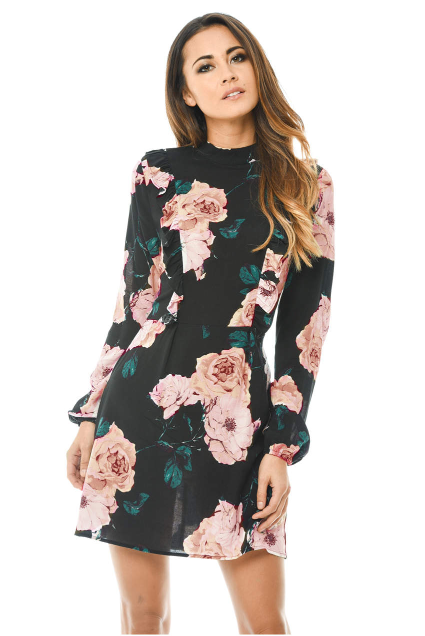 Kikodress - High Neck Black Floral Mini Dress