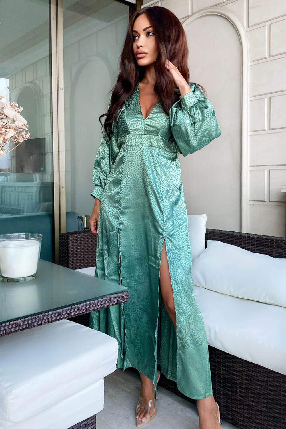 Kikodress - Duck Egg Satin Printed Maxi Dress with Front Splits