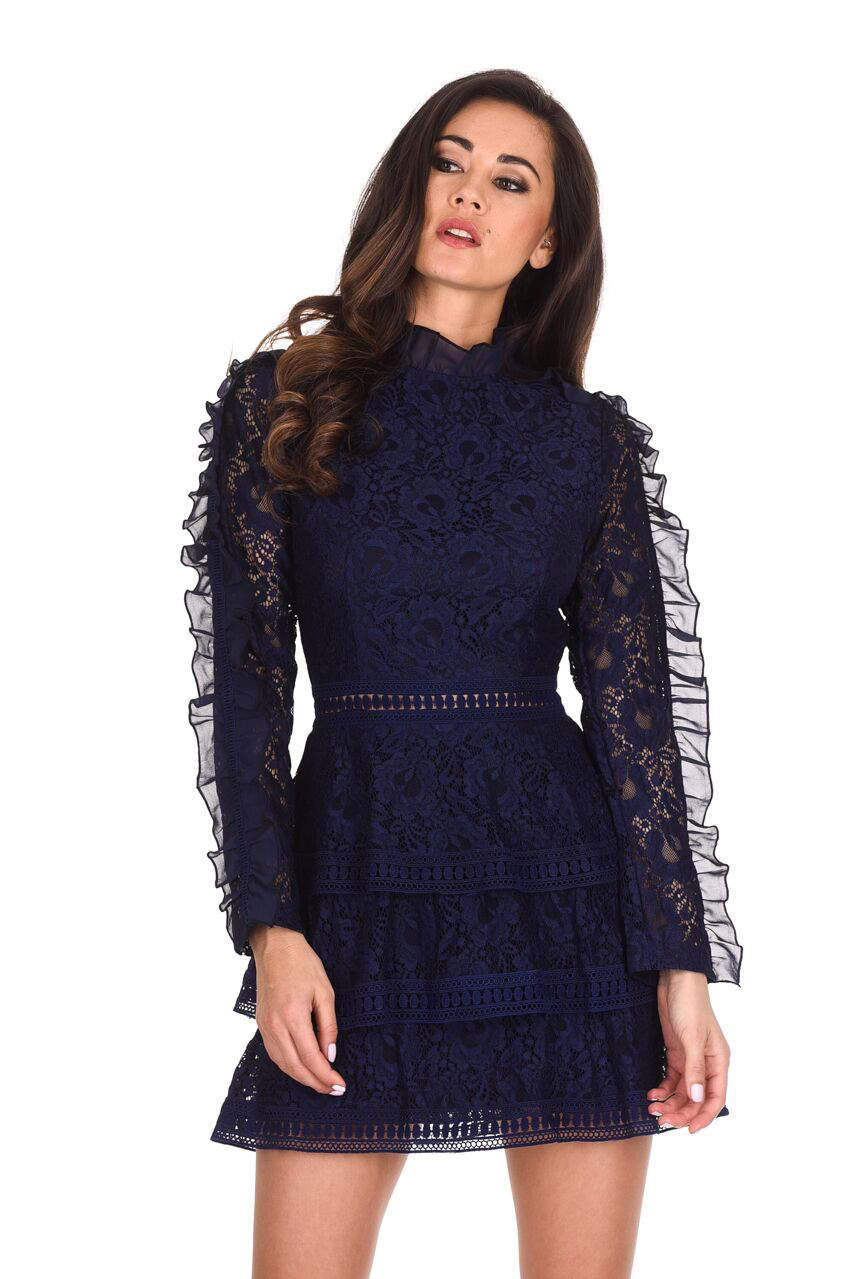 Kikodress - Navy Lace Tiered Mini Dress