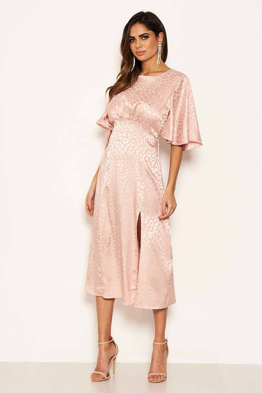 Kikodress - Pink Leopard Print Satin Midi Dress