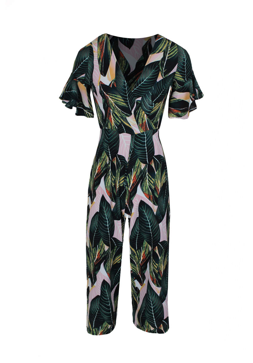 Kikodress - Leaf Printed Frill Detail Wrap Front Jumpsuit